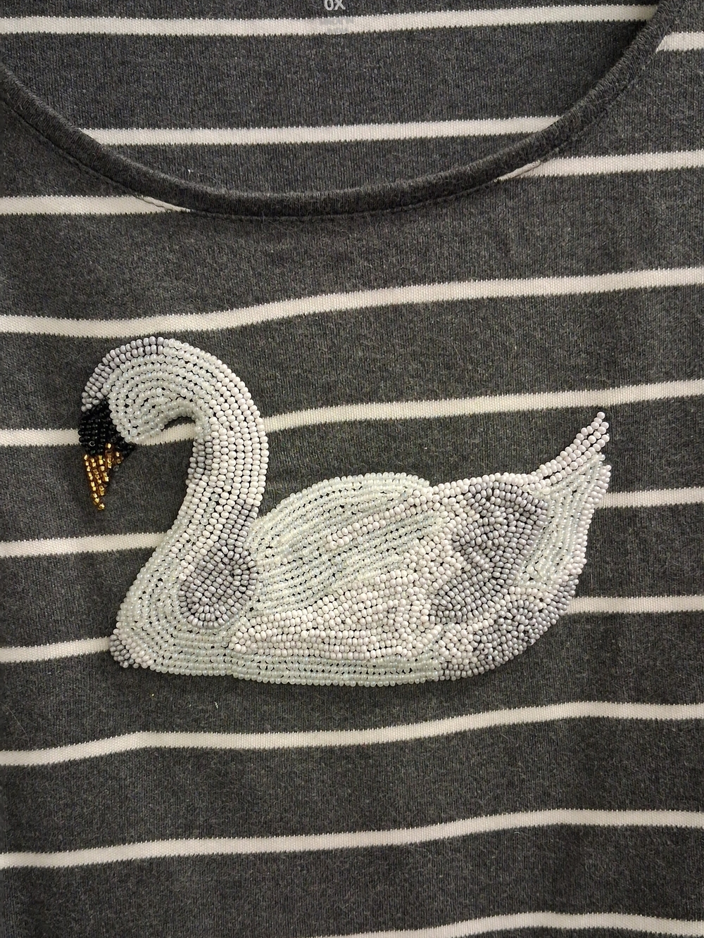 Charter Club Gray and White Striped Long-Sleeve Top with Swan Patch - Picture 3 of 8